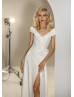 Cap Sleeves Ivory Glitter Slit Wedding Dress Cap Sleeves Ivory Glitter Slit Wedding Dress
